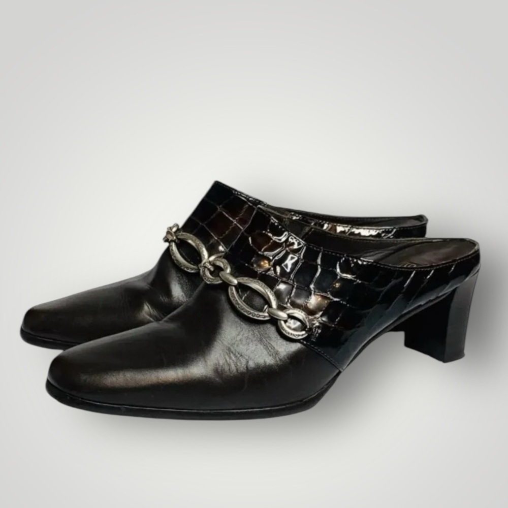 Brighton Leather Mules Heels Size 6.5 Twiggy Chain Link Croc Embossed Italy - Picture 4 of 9